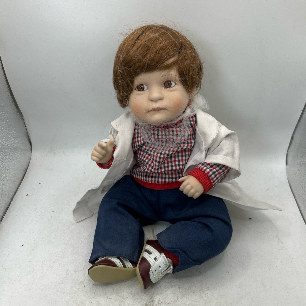 MBI Porcelain Boy Doll 10 Inch Doctor Plaid Lab Coat Vintage Collectible